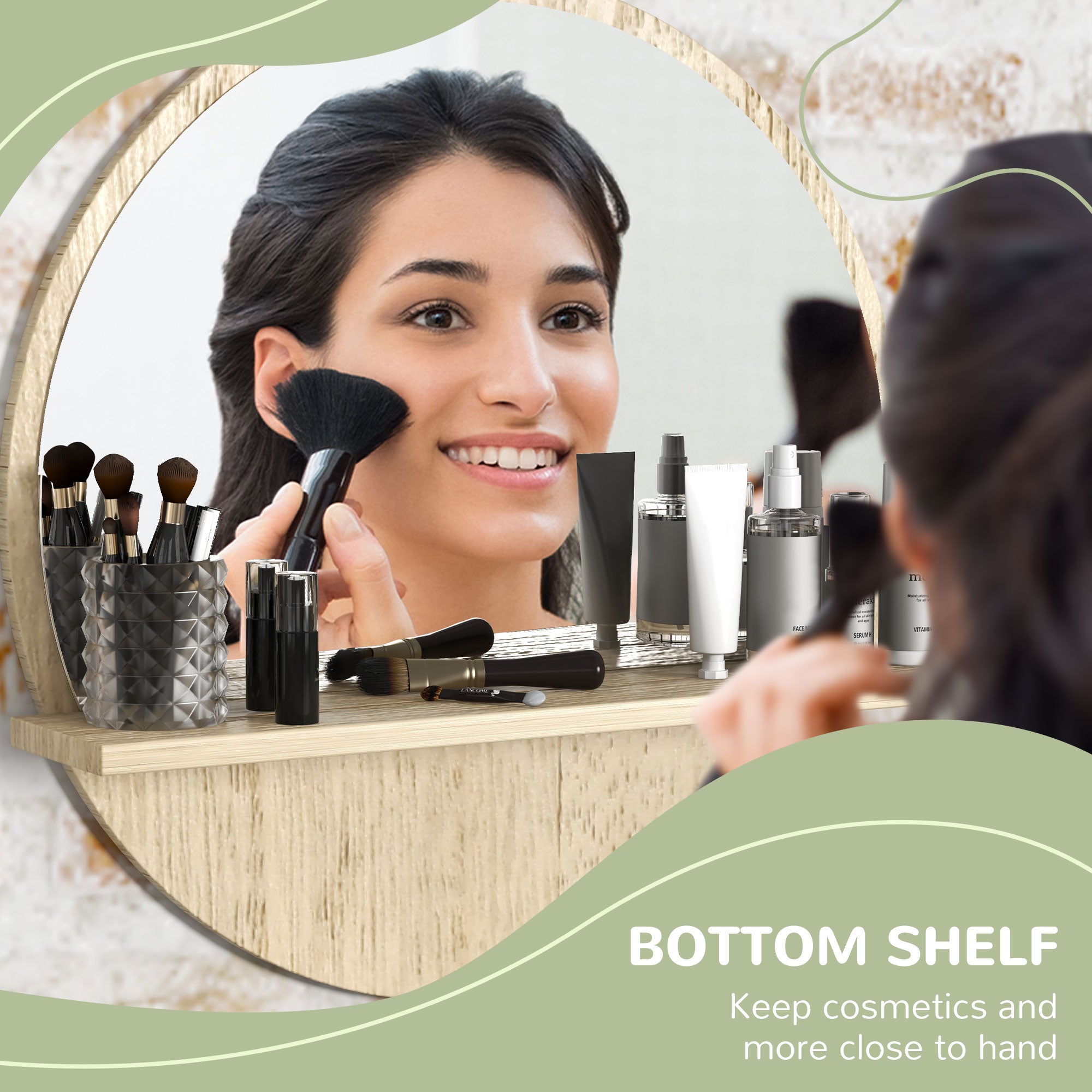 Kleankin 45cm Round Home Mirror, With Shelf - Natural Wood Effect