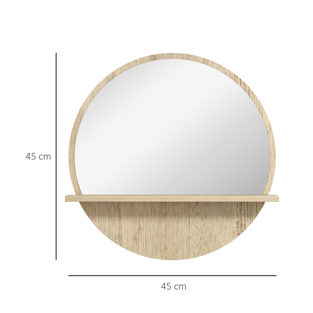 Kleankin 45cm Round Home Mirror, With Shelf - Natural Wood Effect