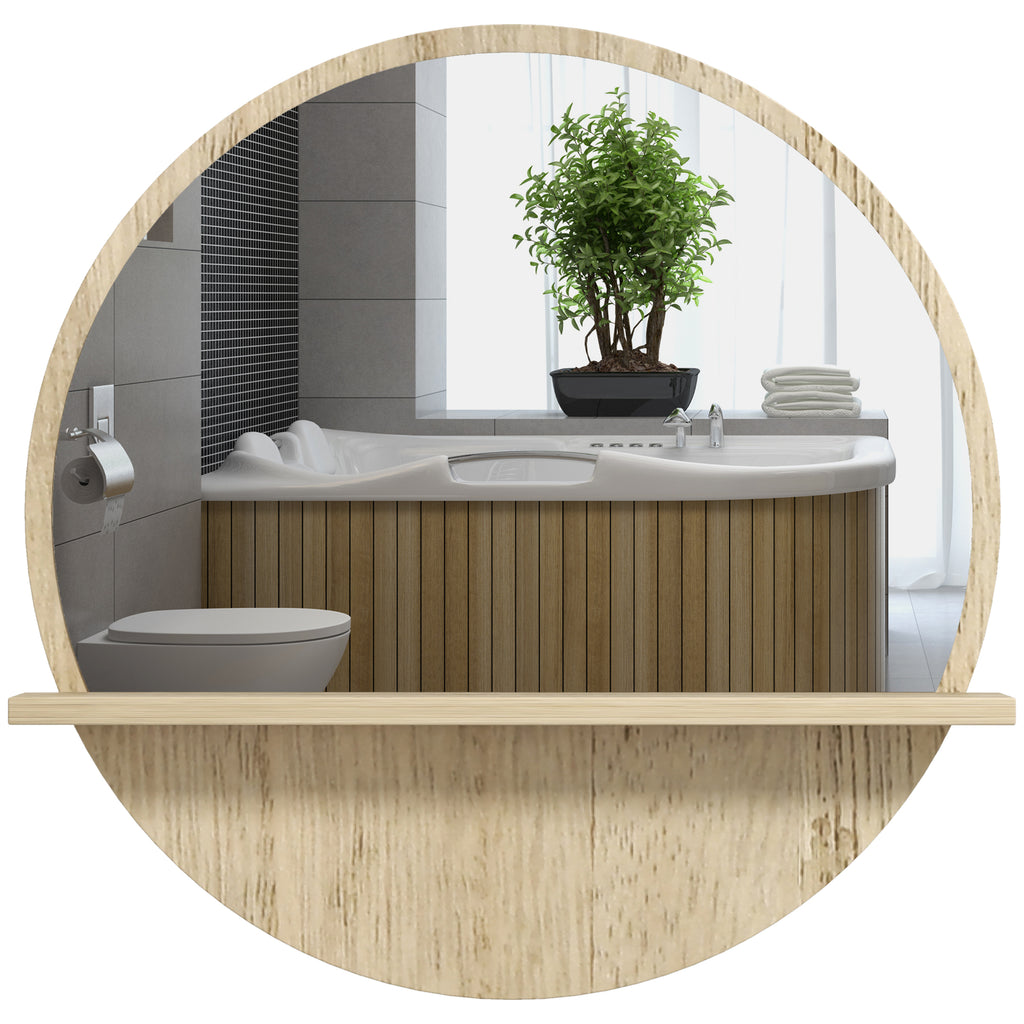 Kleankin 45cm Round Home Mirror, With Shelf - Natural Wood Effect